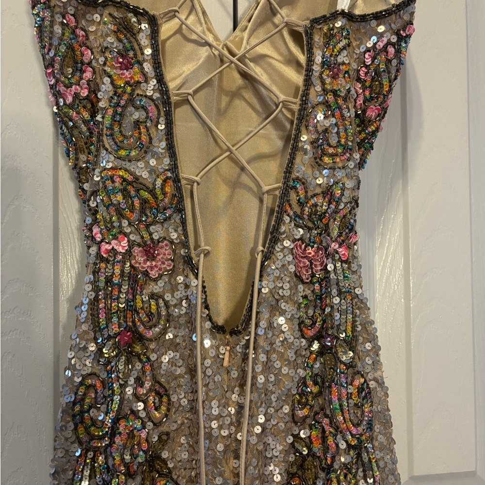 Primavera Couture Silver and Pink Sequin Gown - Picture 3 of 9